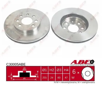 Диск гальмівний передн Лів/Прав CHEVROLET ASTRA, LACETTI, NUBIRA, ZAFIRA DAEWOO ARANOS, LUBLIN II, NUBIRA 1.4-2.4D 01.95- ABE C30005ABE