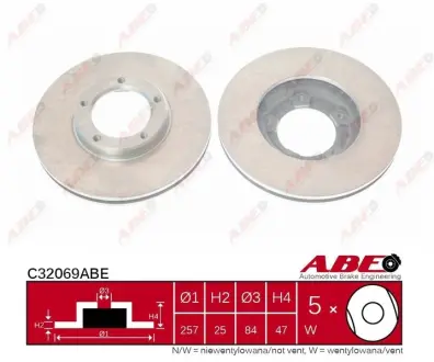 Диск гальмівний передн Лів/Прав TOYOTA DYNA 100, HIACE III, HILUX, HILUX IV, HILUX V, HILUX VI, MODEL F VW TARO 1.8-2.5D 12.82-07.05 ABE C32069ABE