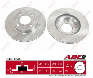 Диск гальмівний передн Лів/Прав HONDA CIVIC I, CIVIC III, CIVIC IV, CIVIC V, CIVIC VI, CRX I, INTEGRA 1.2-1.6 10.83-08.01 ABE C34013ABE