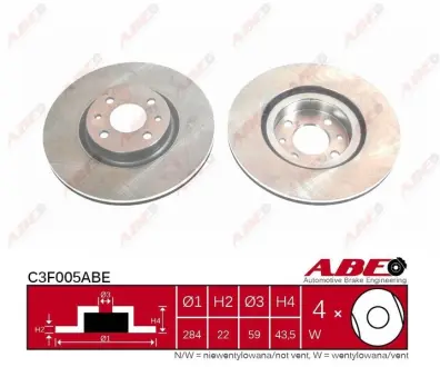 Диск гальмівний передн Лів/Прав ABARTH 500 / 595 / 695, 500C / 595C / 695C ALFA ROMEO 155 FIAT BRAVO I, BRAVO II, COUPE, CROMA, DOBLO, DOBLO/MINIVAN, FIORINO, FIORINO/MINIVAN 1.2-3.0 11.84- ABE C3F005ABE
