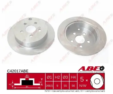 Диск гальмівний задн Лів/Прав TOYOTA CALDINA, CELICA, IST, OPA, PRIUS, YARIS VERSO 1.5-2.0 08.99-12.09 ABE C42017ABE
