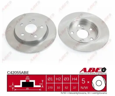 Диск гальмівний задн Лів/Прав TOYOTA AURIS, COROLLA, IST, YARIS VERSO VW PASSAT B6 1.2-2.2D 03.00-08.19 ABE C42055ABE