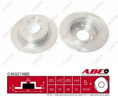 Диск гальмівний задн Лів/Прав CHRYSLER 200, SEBRING DODGE AVENGER, CALIBER JEEP COMPASS, PATRIOT MITSUBISHI ASX, LANCER VIII, OUTLANDER II, OUTLANDER III 1.5-3.6ALK 06.06- ABE C45027ABE