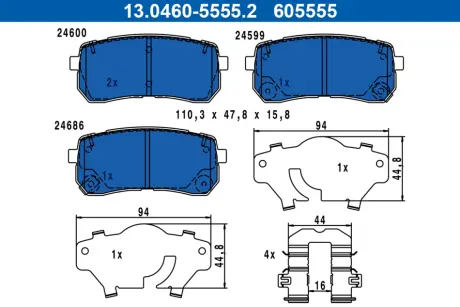 Колодки гальмівні (задні) Kia Sorento 15-20 (з аксесуарами) ATE 13.0460-5555.2
