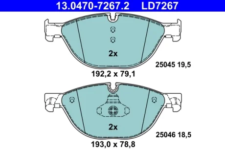 Колодки гальмівні (передні) BMW 5 (F07/F10/F11) 09-17/6 (F06/F13) 11-18/7 (F01/F02/F03/F04) 08-15 Ceramic ATE 13.0470-7267.2