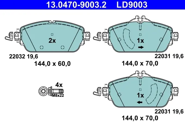 Керамічні гальмівні колодки передн, MERCEDES C (A205), C (C205), C T-MODEL (S205), C (W205), E (A238), E (C238), E T-MODEL (S213), E (W213) 1.5-2.2D 12.13- ATE 13047090032 (фото 1)