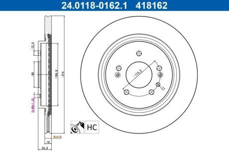 Диск гальмівний (задній) Hyundai Santa Fe 18-20 (314x18) (вентил.) (з покриттям) ATE 24.0118-0162.1