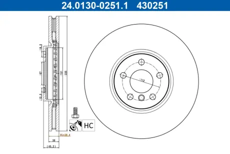 Диск гальмівний (передній) BMW X1 (U11) 22- (334x30) B38/B47/B48 ATE 24.0130-0251.1 (фото 1)