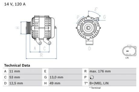 Генератор (14В, 120А, відновлений) FORD B-MAX, C-MAX II, ECOSPORT, FIESTA, FIESTA VI, FOCUS III, FOCUS III/HATCHBACK, FOCUS III/KOMBI, GRAND C-MAX, KA+ III, KUGA II, MONDEO IV 1.0-2.0D 03.07- BOSCH 0986082220