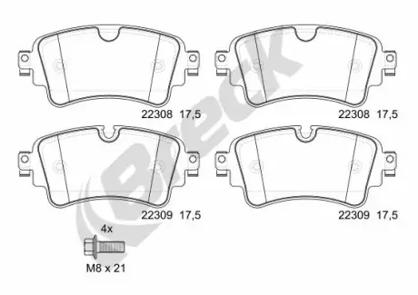 Колодки гальмівні (задні) Audi A4/A5/Q5/Q7 2.0 TFSI/TDI/3.0 TDI 15- (TRW) BRECK 22308 00 702 00