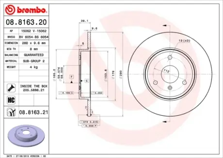 Гальмівний диск BREMBO 08.8163.21