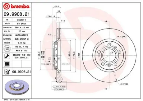 Гальмівний диск BREMBO 09.9908.21