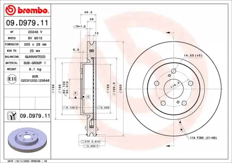 Диск гальмівний передн Лів/Прав LEXUS ES, UX TOYOTA CAMRY, COROLLA CROSS, PRIUS, RAV 4 V 1.8H-Electric 08.17- BREMBO 09.D979.11