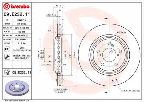 Диск гальмівний передн Лів/Прав ACURA MDX HONDA ODYSSEY, PILOT, RIDGELINE 3.0/3.5 08.10- BREMBO 09.E232.11