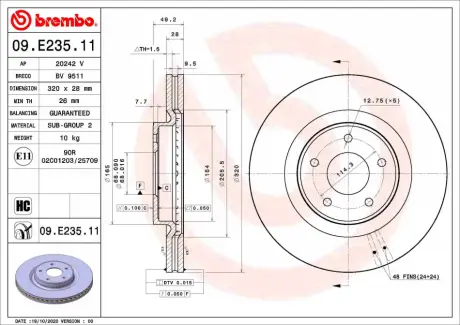 Диск гальмівний передн Лів/Прав INFINITI JX, QX60 NISSAN MURANO III, PATHFINDER IV 2.5H/3.5 09.12- BREMBO 09.E235.11