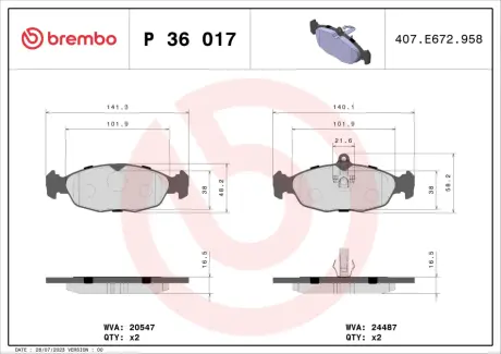 Тормозные колодки BREMBO P36 017