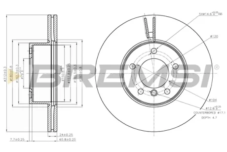 Гальмівний диск перед. BMW 1 (F20/F21)/3 (E90/F30/F80)/X1 (E84) 04- (312x24) Bremsi CD7717V