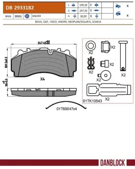 Комплект гальмівних колодок задн/передн KNORR SN7-HP SCANIA 4, G I, P I, R I, T DC09.108-OSC11.03 05.95-05.19 DANBLOCK DB2933182