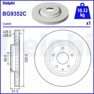 Диск гальмівний передн Лів/Прав MAZDA 6, CX-5, CX-9 2.2D/2.5 10.12- Delphi BG9352C