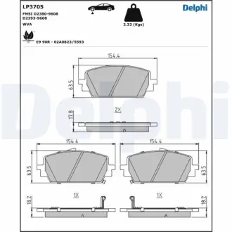 Комплект гальмівних колодок передн, HYUNDAI SANTA FE IV KIA SORENTO IV 1.6H/2.2D/2.5 03.20- Delphi LP3705