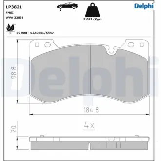 Комплект гальмівних колодок передн, BMW 2 (G42, G87), 3 (G20, G80, G28), 3 (G21, G81), 4 (G22, G82), 4 (G23, G83) 3.0 11.20- Delphi LP3821