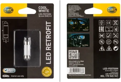 12V 1W LED RETROFIT Лампа (цоколь SV8.5-8) 5000K HELLA 8GL 178 560-561