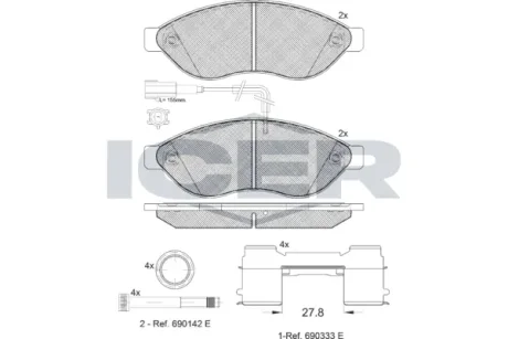 Колодки гальмівні (передні) Citroen Jumper/Fiat Ducato/Peugeot Boxer 06- (+ датчик) ICER 141803-203