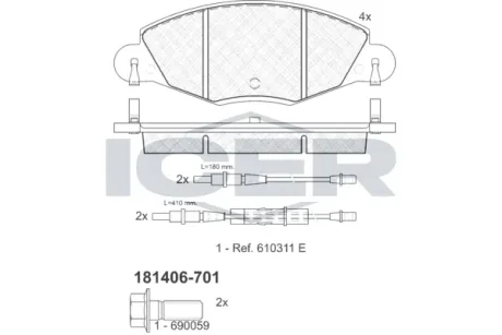 Колодки гальмівні (передні) Citroen С5 01- (+датчики) ICER 181406-701 (фото 1)