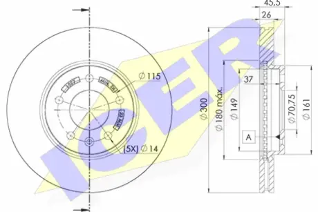 Диск гальмівний (передній) Opel Astra J 09-/Zafira C 11- (300x26)(з покриттям)(вентильований) ICER 78BD1557-2