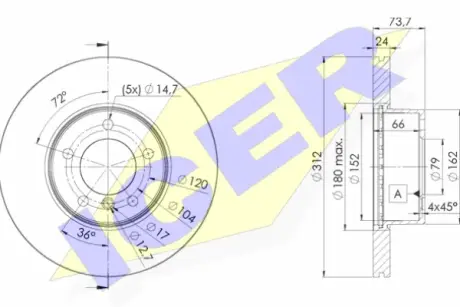 Диск гальмівний (передній) BMW 1 (F20/21) 11-/3 (E90-93/F30-31/F34) 05-/X1 09- (312x24)(з покр)(вент) ICER 78BD1972-2