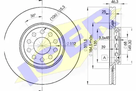 Диск гальмівний (передній) Audi A4/A6/VW Passat 00-09 (312х25) (вент.) ICER 78BD4065-2