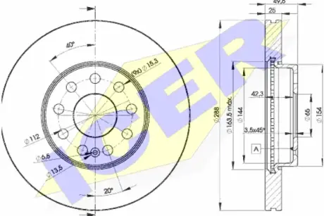 Диск гальмівний (передній) Audi A3/Skoda Octavia/VW Caddy/Golf/Touran 03- (288x25)(з покр.)(вентил.) ICER 78BD5615-2