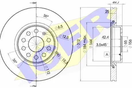 Диск гальмівний (передній) Audi A3/Skoda Octavia/SuperB/VW Passat B6/B8 03- (312x25) (з покр.)(вент.) ICER 78BD5618-2