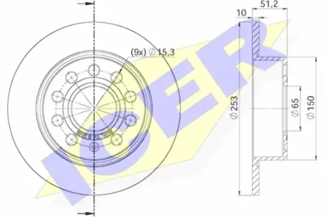 Диск гальмівний (задній) Audi A3/Seat Leon/Skoda Octavia/VW Golf 04- (253x10) (з покриттям) (повний) ICER 78BD5640-2