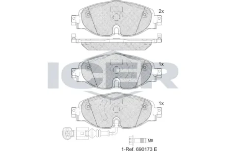 Колодки гальмівні (передні) Audi Q2L e-Tron 19-/VW Golf VII e-golf 14-21 (+датчик) ICER EV2111