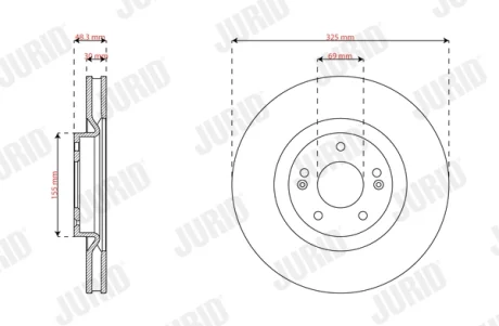 HYUNDAI Гальмівний диск передній SANTA FE IV (TM, TMA) 2.2 CRDi 18-, KIA SORENTO IV (MQ4, MQ4A) 2.5 MPI 21- Jurid 563894JC