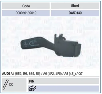 MAGNETI MARELLI перемикач на рульової колонці AUDI A4 1.6,1.8,1.9,2.0,2.4,2.5,3.0,S4,A6 2.0,2.4,2.7,3.0,3.2,4.2,A8 3.0,3.2,3.7,4.0,4.2,6.0,Q7 3.0, [00005013 Magneti Marelli 000050139010