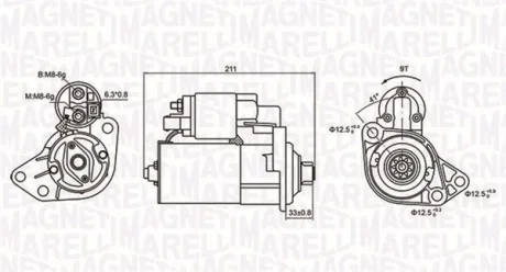 Стартер Audi A3/Ford Galaxy/VW Caddy/Golf/Passat/Skoda Octavia 1,4-2,0 91-05 (1,1kw) (z=9) MAGNETI MARELLI 063721062010 (фото 1)