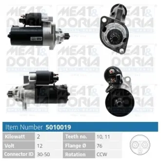 MEATDORIA AUDI Стартер A3 (8L1) 1.8 T 98-03, FORD GALAXY I (WGR) 1.9 TDI 05-06, SEAT TOLEDO II (1M2) 1.9 TDI 03-06, SKODA OCTAVIA I (1U2) 1.8 T 97-10 MEAT&DORIA 5010019
