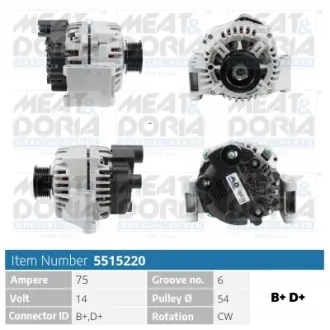 MEATDORIA FIAT Генератор 500 (312_) 1.3 D Multijet (312AXB1A) 07-, FORD, OPEL, LANCIA, ALFA ROMEO MEAT&DORIA 5515220