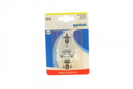 Автолампа H4 12V 60/55W P43t Range Power 50+ (блістер/1шт) NARVA 488614000