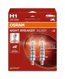 Лампочка H1 Night Breaker Silver (набір, 2 шт, 12В, 55Вт, тип гнізда: P14,5S до 100% більшої яскравості (EN) up to 130m light beam) OSRAM 64150NBS-2HB