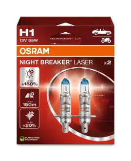Лампочка H1 Night Breaker Laser (набір, 2 шт, 12В, Білий, 55Вт, тип гнізда: P14,5S (EN) up to 150% greater brightness (EN) up to 20% whiter light) OSRAM 64150NL-2HB