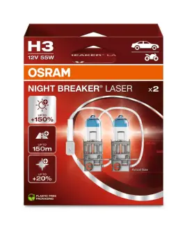 Лампочка H3 Night Breaker Laser (набір, 2 шт, 12В, Білий, 55Вт, тип гнізда: PK22S (EN) up to 150% greater brightness (EN) up to 150m light beam (EN) up to 20% whiter light) OSRAM 64151NL-2HB