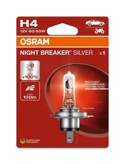 Лампочка H4 Night Breaker Silver (упаковка-блістер, 1 шт, 12В, 60/55Вт, тип гнізда: P43T до 100% більшої яскравості (EN) up to 130m light beam) OSRAM 64193NBS-1BL