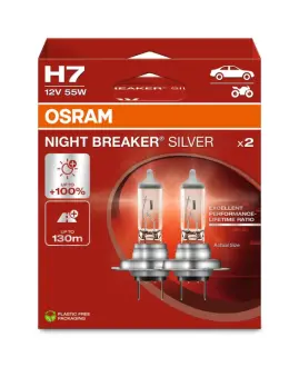 Лампочка H7 Night Breaker Silver (набір, 2 шт, 12В, 55Вт, тип гнізда: PX26D до 100% більшої яскравості (EN) up to 130m light beam) OSRAM 64210NBS-2HB