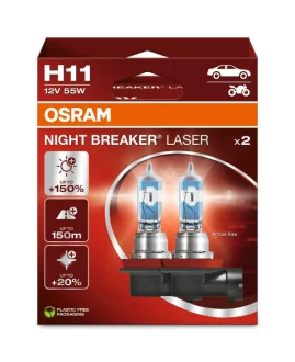 Лампа (Набір 2шт) H11 12В 55Вт PGJ 19-2 (EN) up to 150% greater brightness (EN) up to 150m light beam (EN) up to 20% whiter light Night Breaker Laser, Білий OSRAM 64211NL2HB