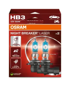 Лампочка HB3 Night Breaker Laser (набір, 2 шт, 12В, Білий, 60Вт, тип гнізда: P20D (EN) up to 150% greater brightness (EN) up to 150m light beam (EN) up to 20% whiter light) OSRAM 9005NL-2HB