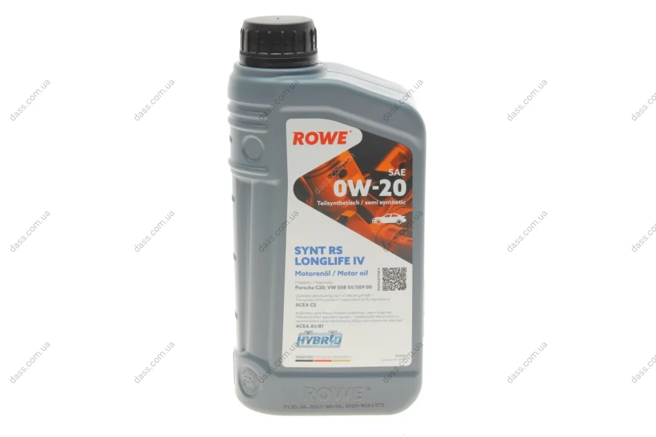 Олива 0W20 HIGHTEC SYNTH RS LONGLIFE IV (1L) (Porsche C20/VW 508 00/509 00) (ACEA A1/B1/C5) ROWE 20036-0010-99 (фото 1)