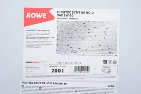 Олива 5W30 HIGHTEC SYNT RS HC-D (200L) (MB 229.5/VW 502 00/505 00/GM-LL-A-025/BMW LL-01) ROWE 20060-2000-99